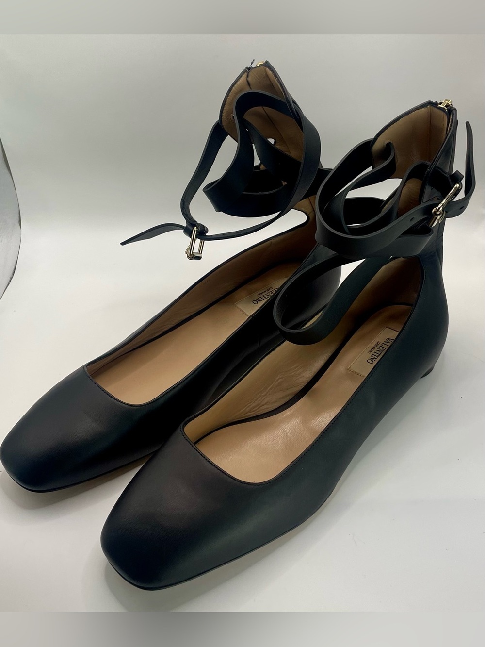 (Size 9.5) Women’s Valentino Garavani Black Leather Ankle-Strap Flats